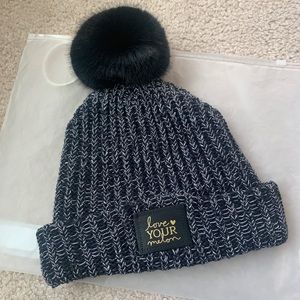NWT Love Your Melon Black and White Gold Foil Pom Beanie